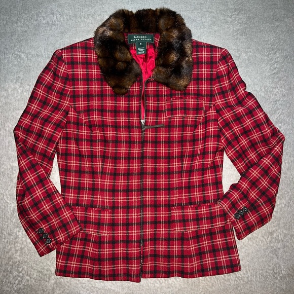 Lauren Ralph Lauren Red Plaid Wool Zip Jacket Faux Fur Collar 90's vintage sz 6 - Picture 1 of 4